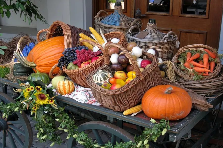 Wagen mit Kürbissen, Gemüse und Obst