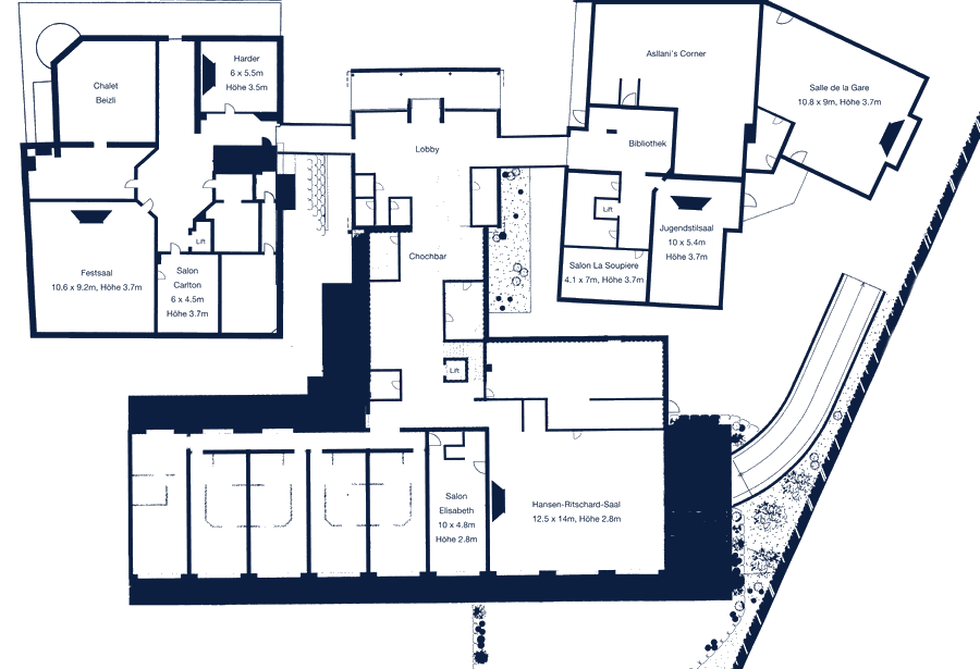 Grundriss des Parterres mit Festsaal, Salle de la Gare, Jugendstilsaal und Hansen-Ritschard-Saal