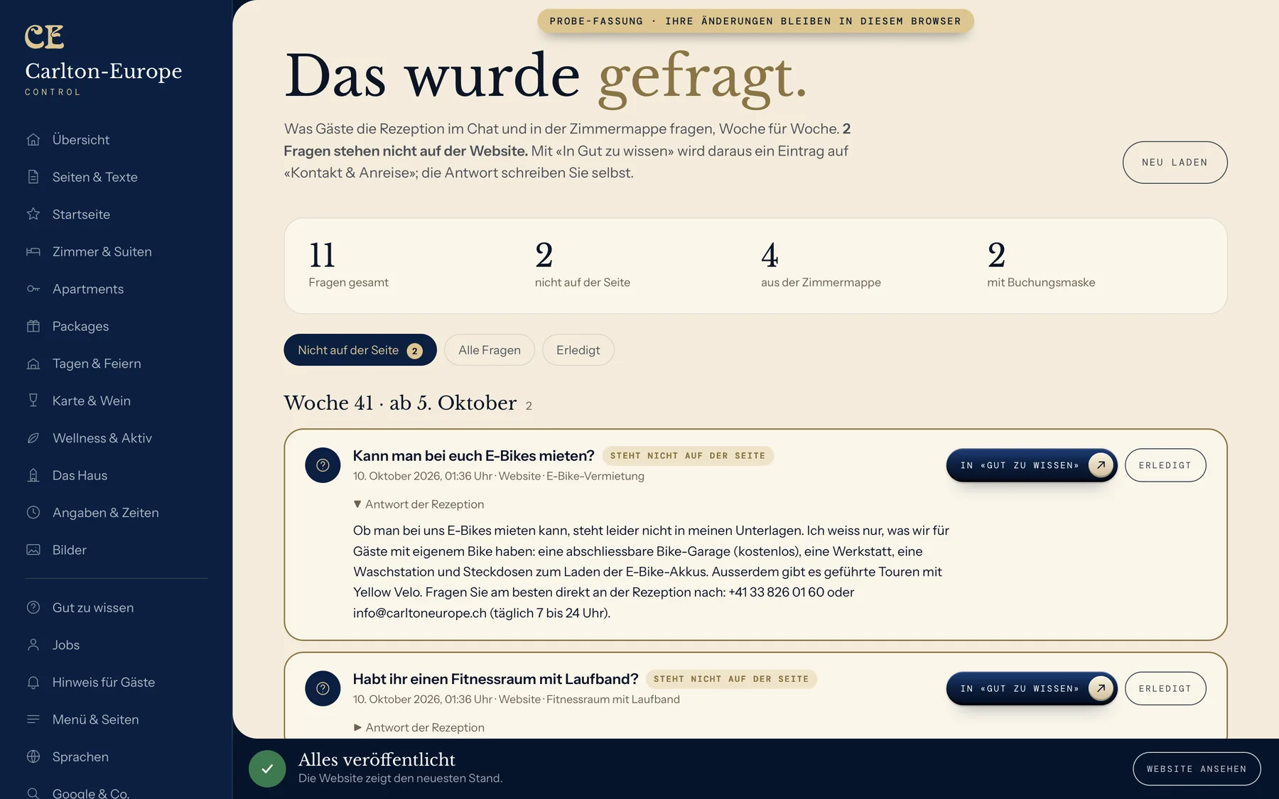 Carlton Control, Bereich «Das wurde gefragt» mit zwei Fragen, die nicht auf der Website stehen