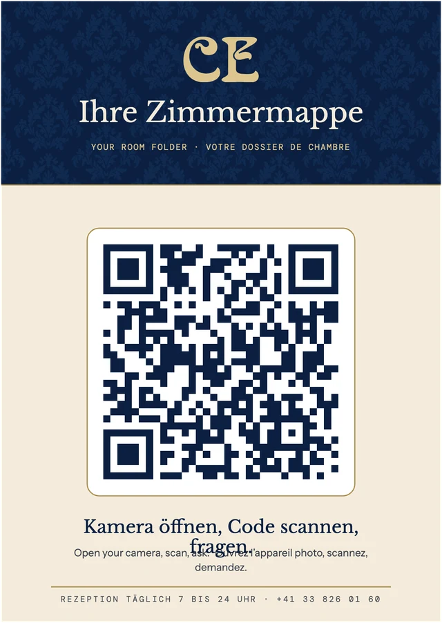 Zimmermappe mit QR-Code · Vorderseite mit QR-Code
