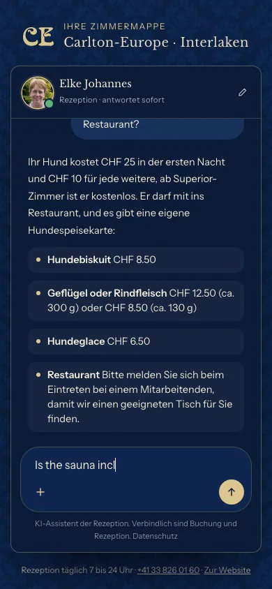 Der Chat auf dem Handy: Frage nach dem Hund und die Antwort mit Preisen und Hundespeisekarte