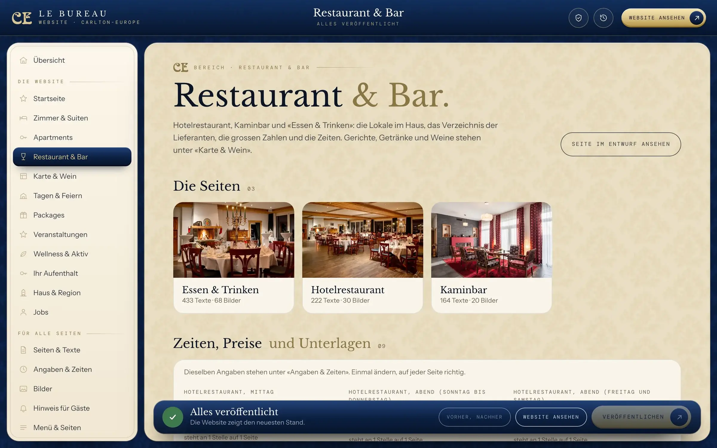 Le Bureau: die Seite des Restaurants im Editor
