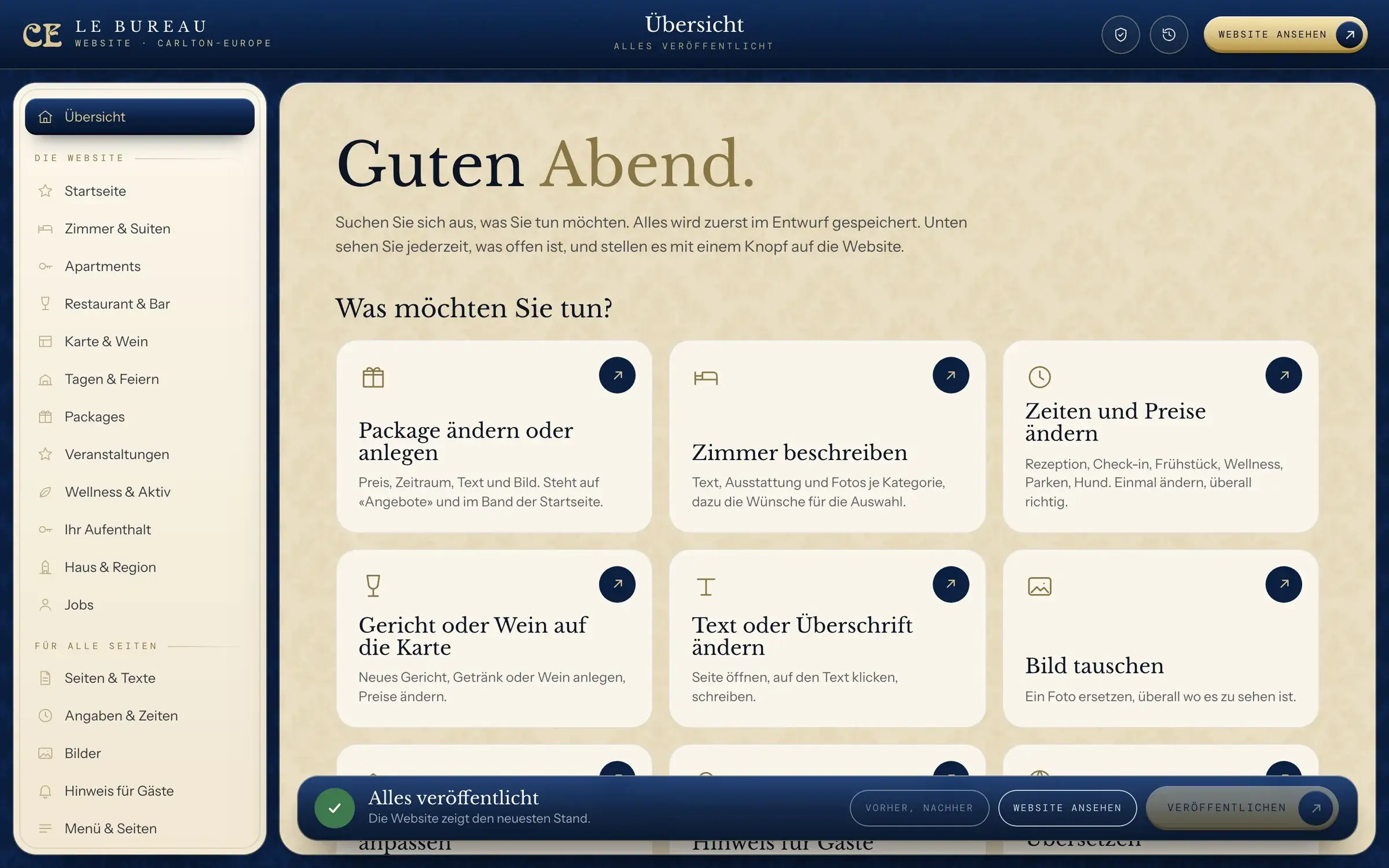 Le Bureau: die Übersicht mit allen Bereichen der Website