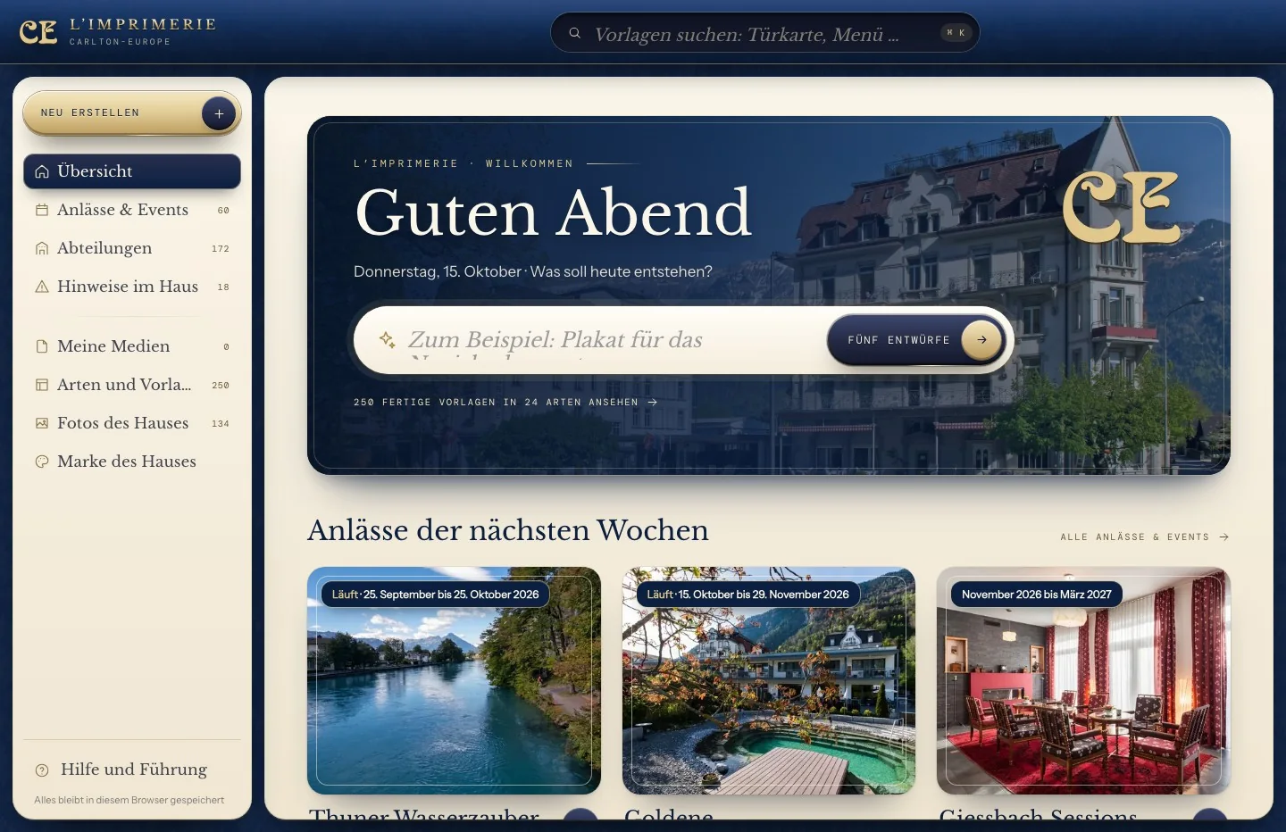 L’Imprimerie: Vorlagen nach Abteilungen und Anlässen des Hauses
