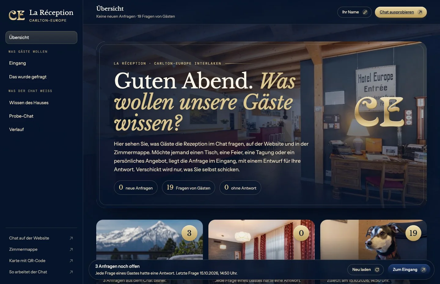 La Réception: Eingang, offene Fragen und was Gäste gefragt haben