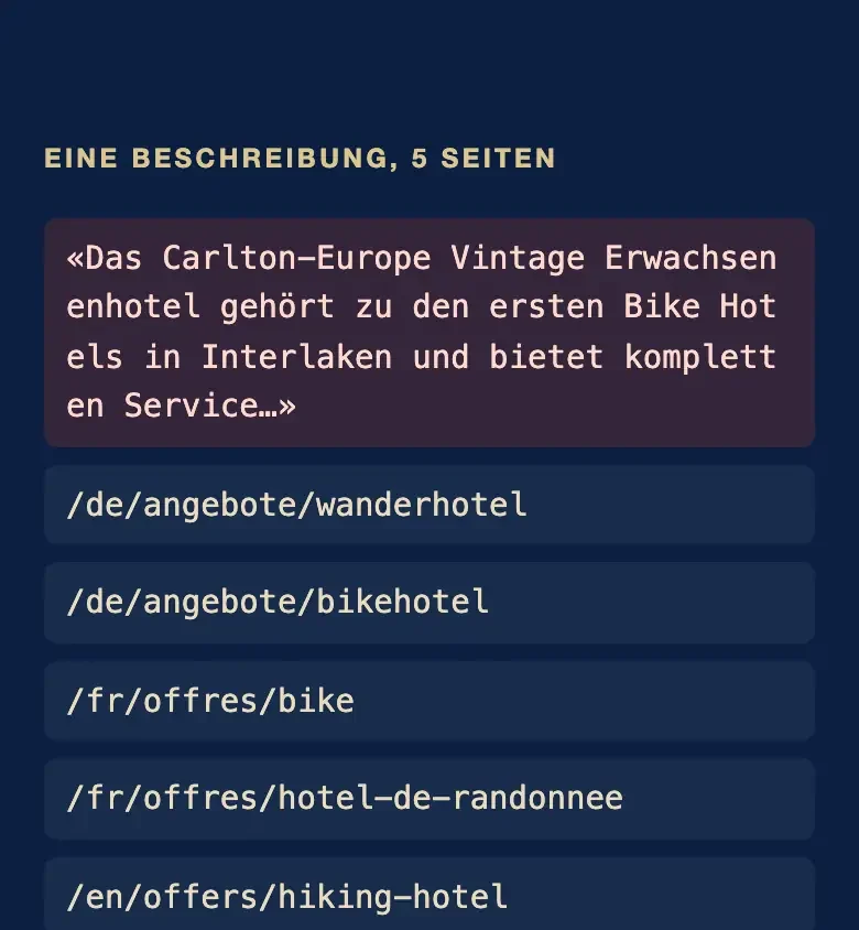 Eine Beschreibung, fünf Seiten: Dieselben Sätze in der Trefferliste.