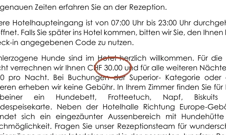 Hotelinformation (PDF): Erste Nacht CHF 30.00