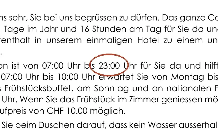 Hotelinformation (PDF): «… bis 23:00 Uhr»